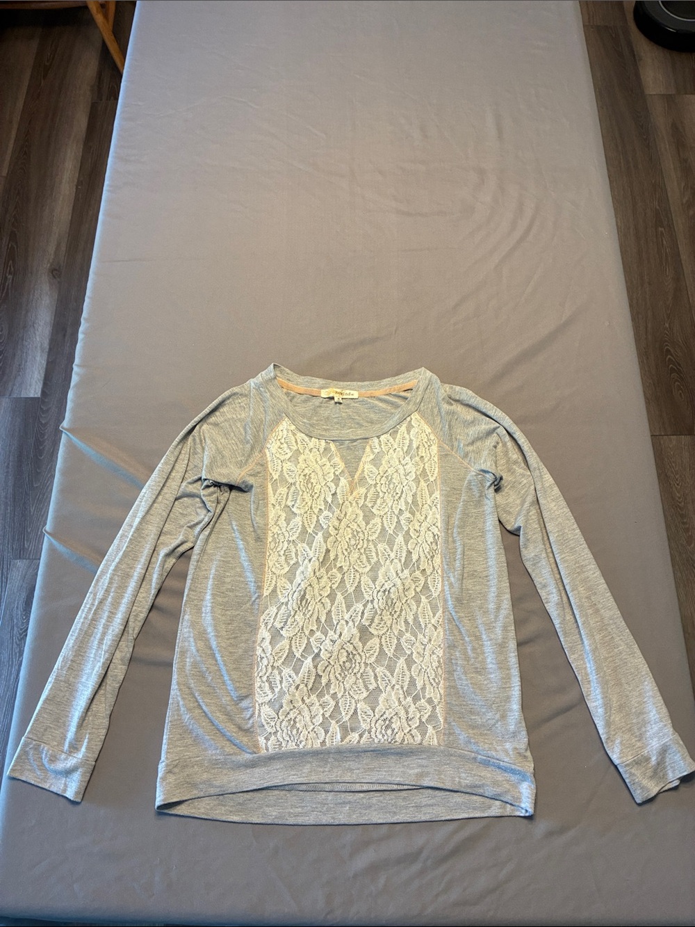Rewind Gray Long Sleeve Tee with Cream Lace Front Panel
